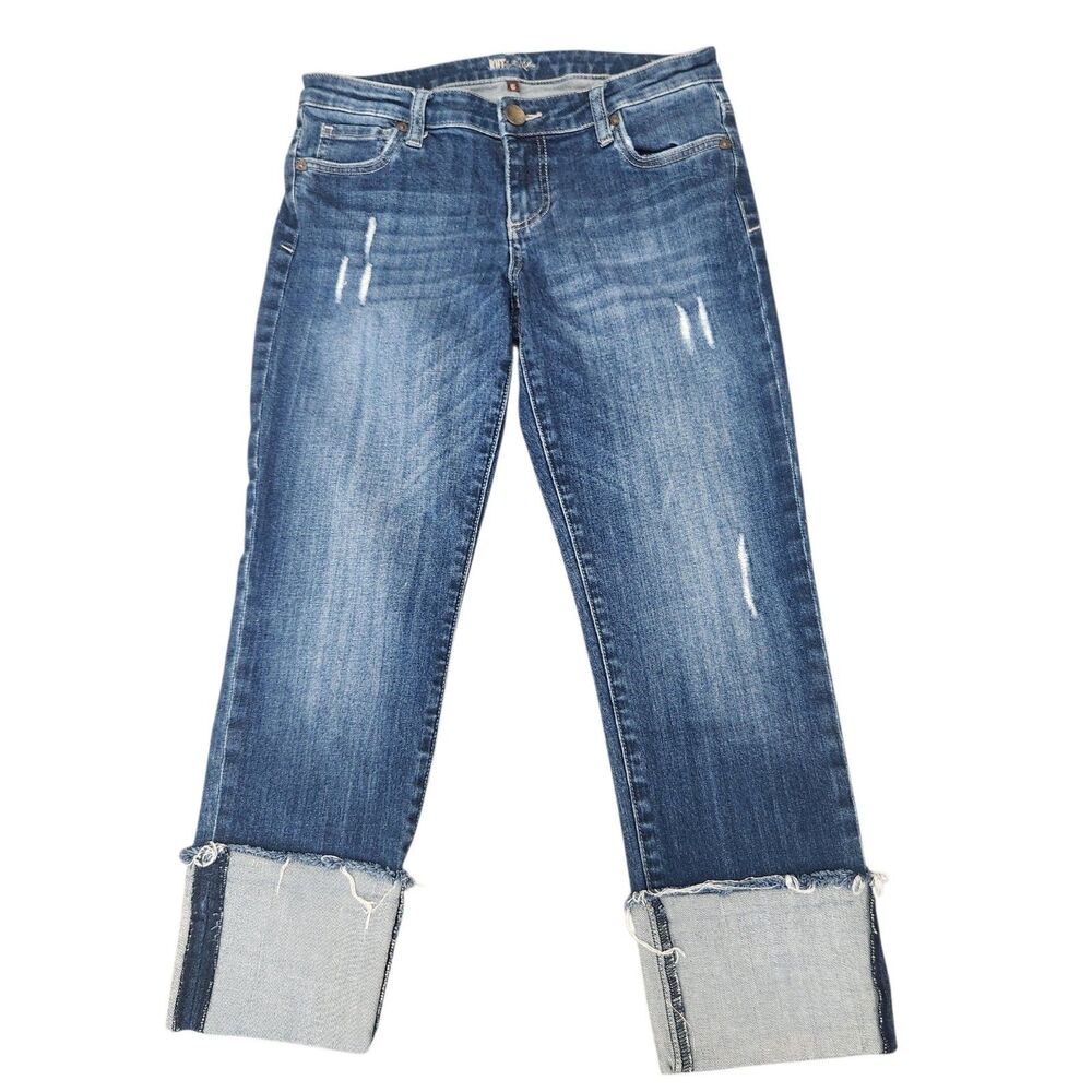 Kut From The Kloth Casual Chic Slim Crop Jeans 6 Cuffed Ankle Distressed Blue